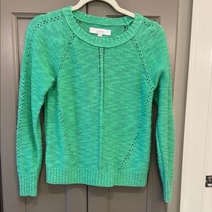 LOFT Teal Green Open-Stitch Crewneck Sweater